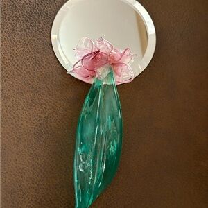 Glass Flower Handheld Mirror with Green Leaves